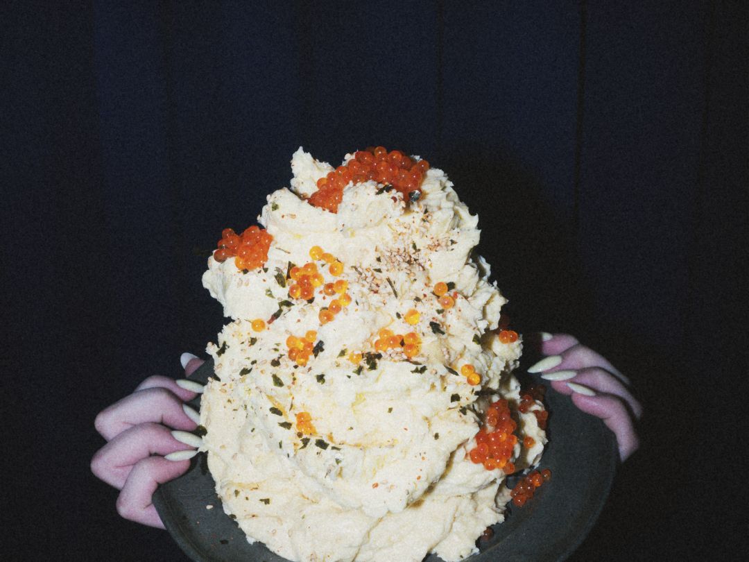 Potato salad tower with roe